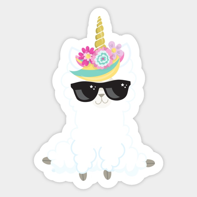 Unicorn Llama, Llama With Sunglasses, Little Llama Sticker by Jelena Dunčević